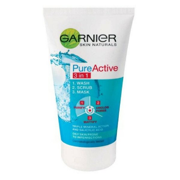 Garnier Pure Active 3-In-1 Wash, Scrub And Mask 150Ml
